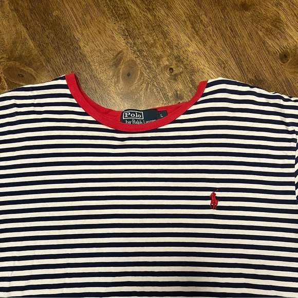 Polo Ralph Lauren Men’s Striped Navy and White T-Shirt with Red Trim Large - Picture 2 of 10